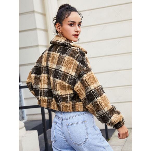 ZAFUL Plaid Teddy Zip Jacket Sherpa Fleece Brown Beige Crop Coat SZ 6 Medium - Picture 2 of 10